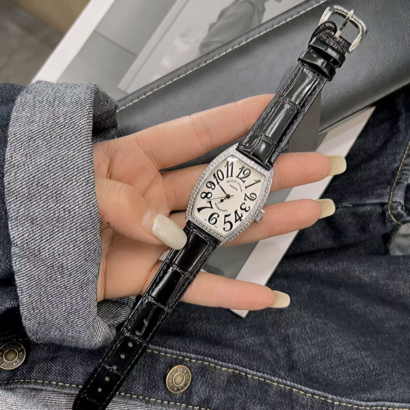 Franck Muller Cintree Curvex Silver diamond-set case, white dial, black leather strap 32mm Women's Automatic