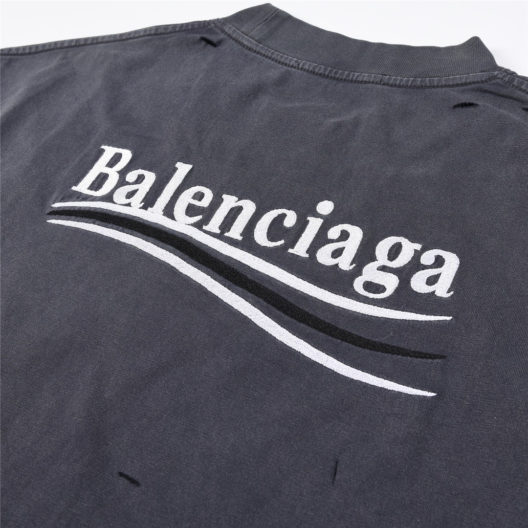 OVERSIZE 宽松版 巴黎世家Balenciaga 24ss经典款可乐刺绣洗水做旧磨边破坏短袖