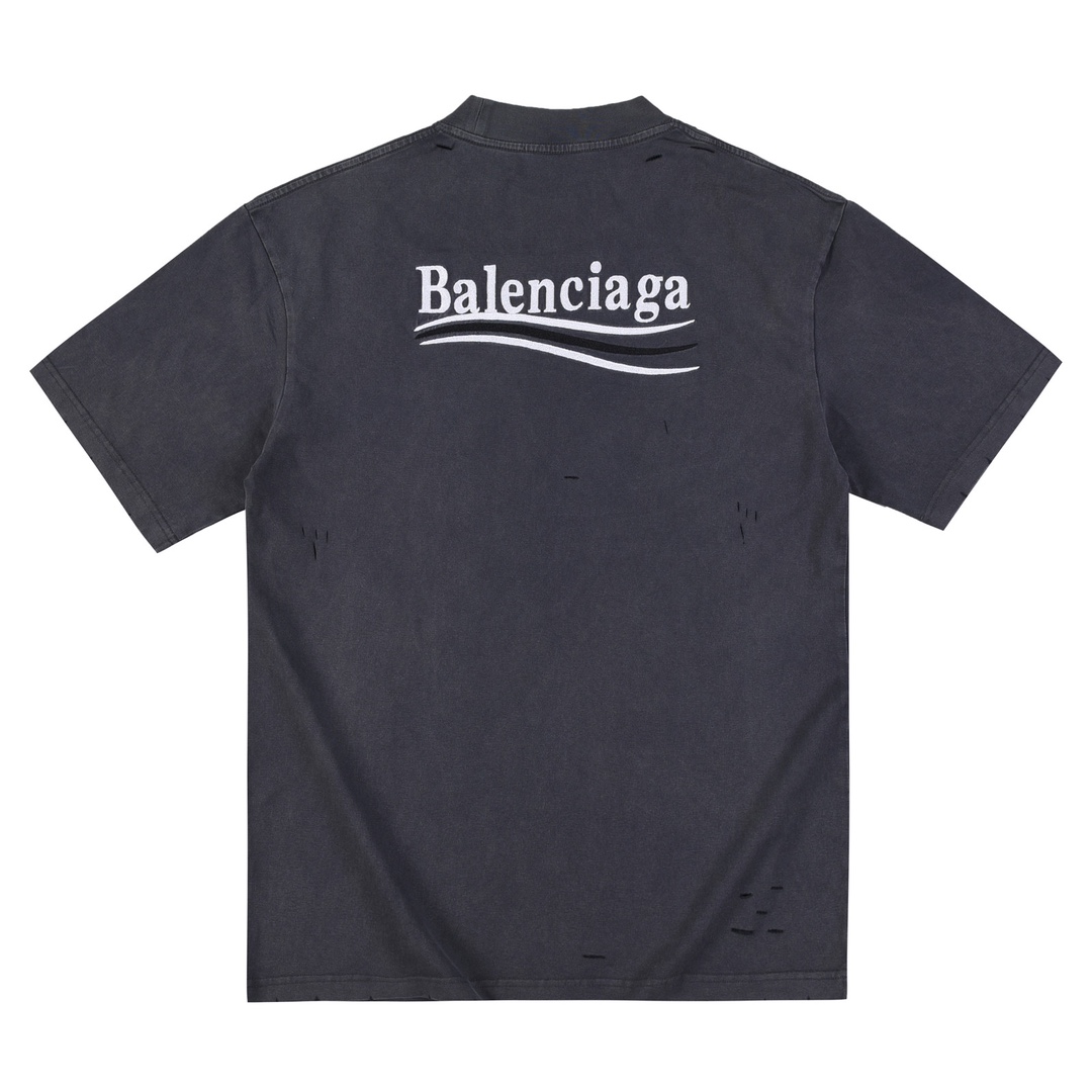 OVERSIZE 宽松版 巴黎世家Balenciaga 24ss经典款可乐刺绣洗水做旧磨边破坏短袖