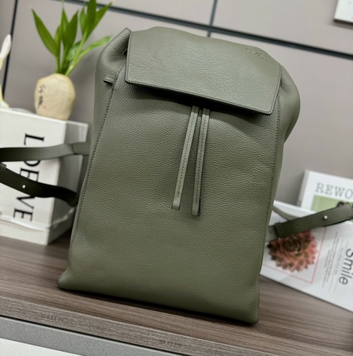 Loewe Olive Green Grained Leather Backpack Drawstring Flap Closure