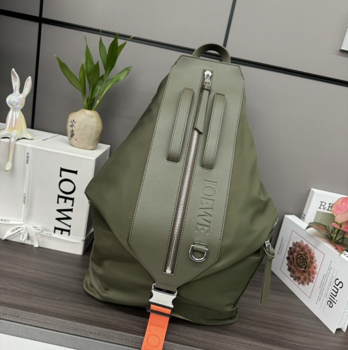 Loewe Large Military Green Nylon and Leather Backpack, Adjustable Straps 1 Loewe Large Military Green Nylon and Leather Backpack, Adjustable Straps