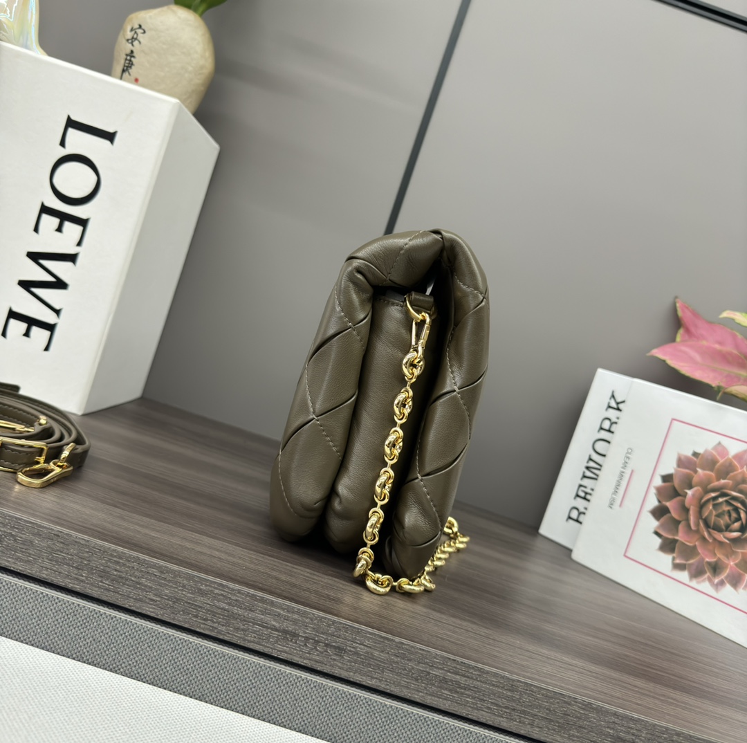 Loewe Puffer Goya Bag in Folded Shiny Nappa Leather with Chain - Olive Green 3 i1720961366 8052 0