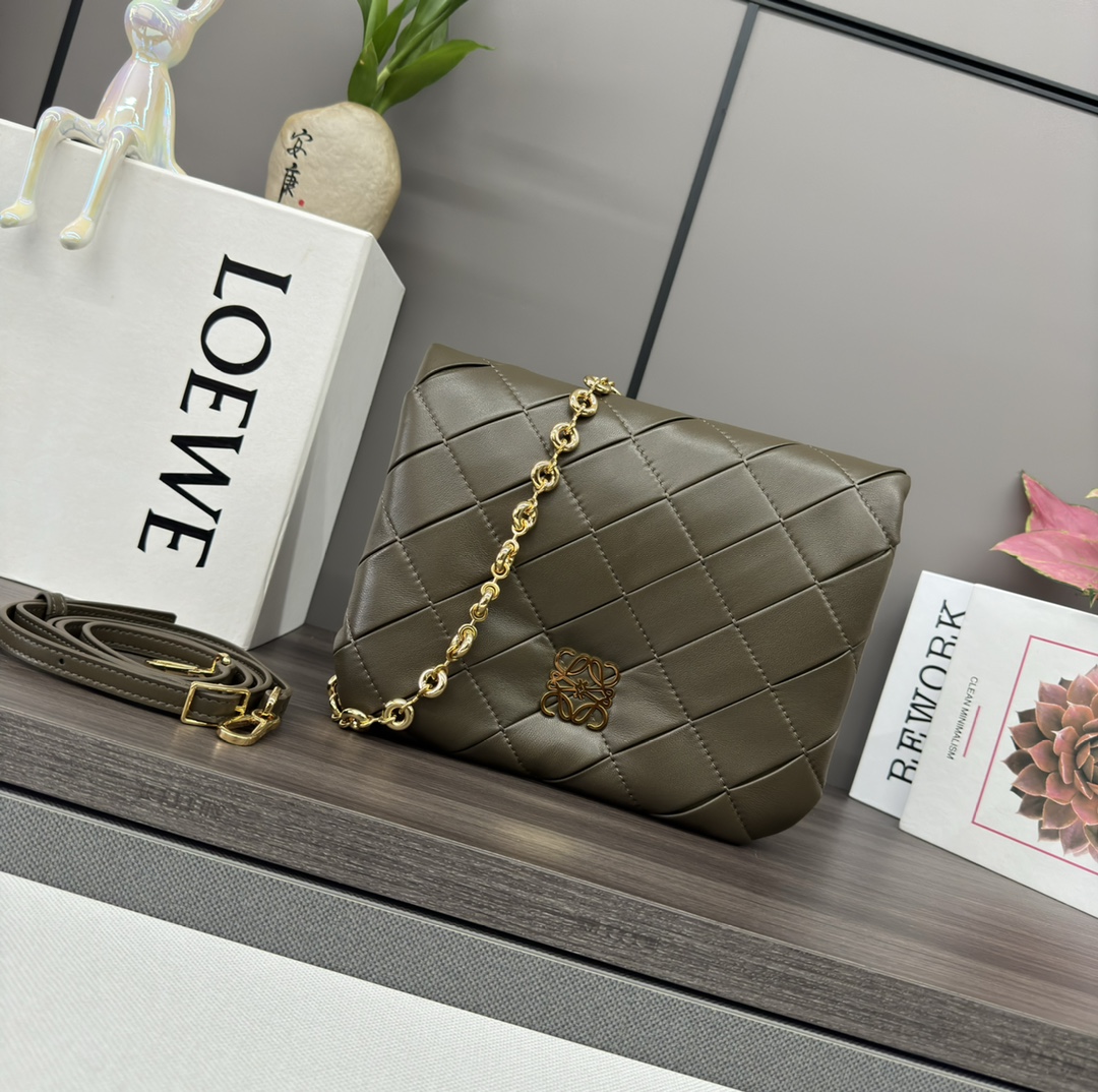 Loewe Puffer Goya Bag in Folded Shiny Nappa Leather with Chain - Olive Green 2 i1720961367 7051 7