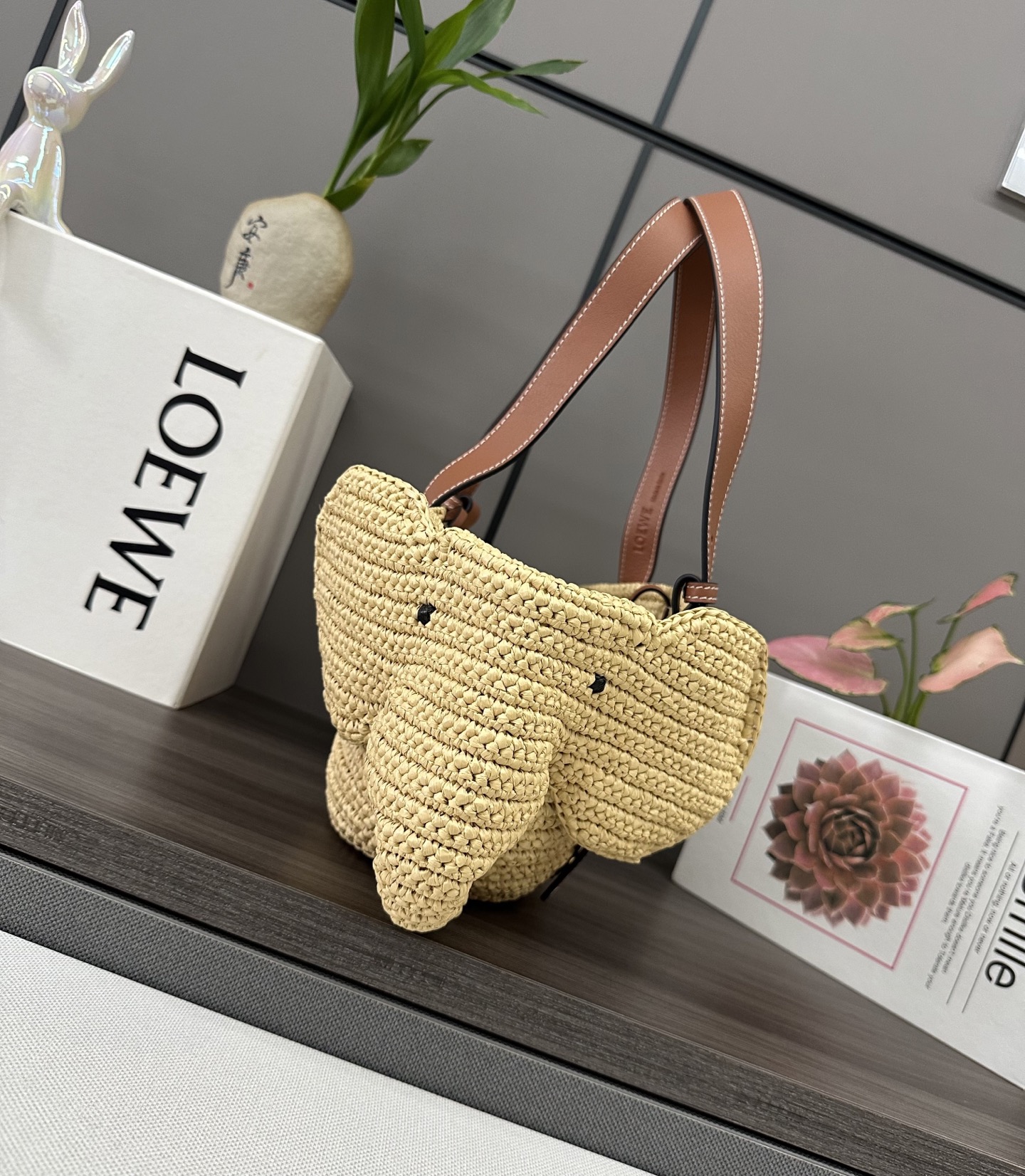 Loewe Raffia and Leather Elephant Basket Bag,Natural/Tan, 35*17*16 2 i1745133213156 9991 0 1