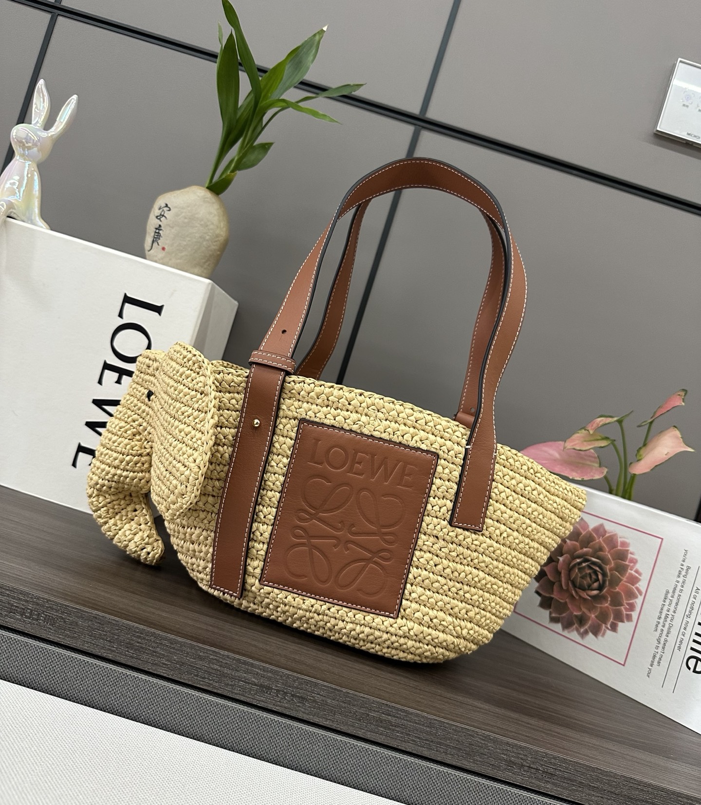 Loewe Raffia and Leather Elephant Basket Bag,Natural/Tan, 35*17*16 1 i1745133223252 6461 0 0