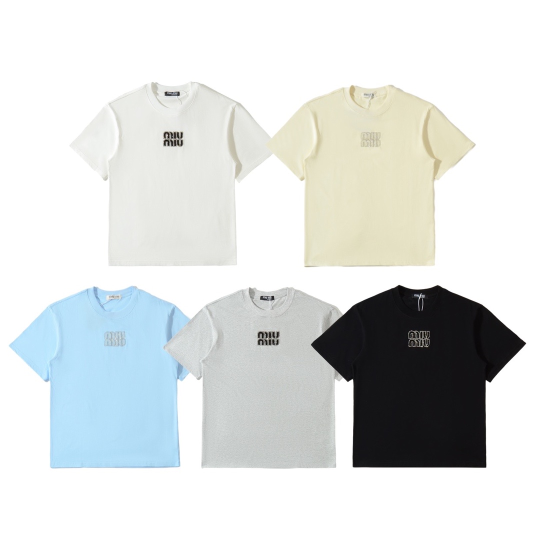 MiuMiu Clothing T-Shirt Black Blue Grey White Yellow Set With Diamonds Cotton Summer Collection Short Sleeve