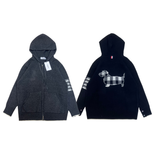 Thom Browne TB Classic Four-Bar Corgi Couple Hooded Zip Knit Cardigan 1 Thom Browne TB Classic Four-Bar Corgi Couple Hooded Zip Knit Cardigan