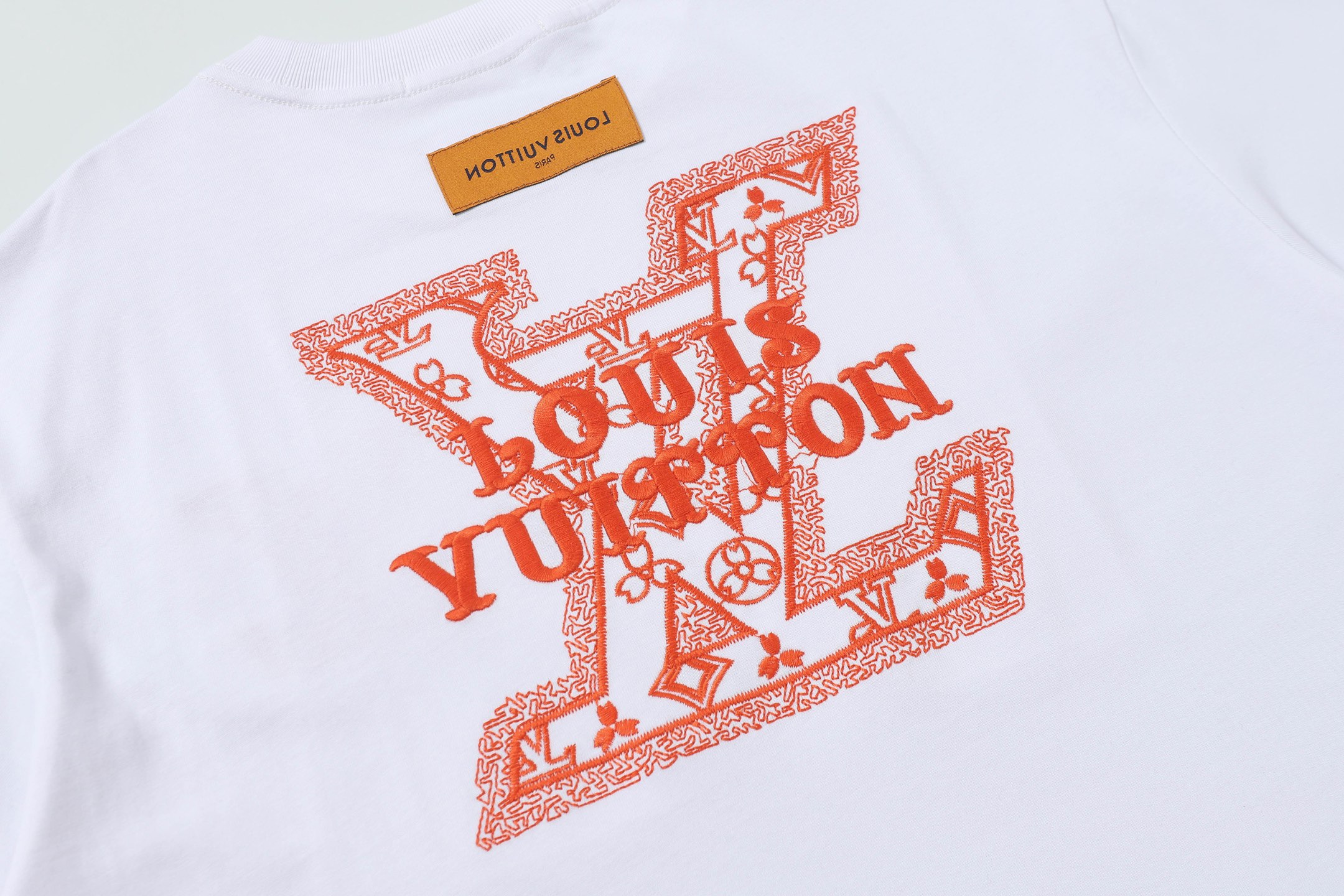 Louis Vuitton/路易威登 25ss 橙标镂空刺绣圆领短袖T恤黑色 白色