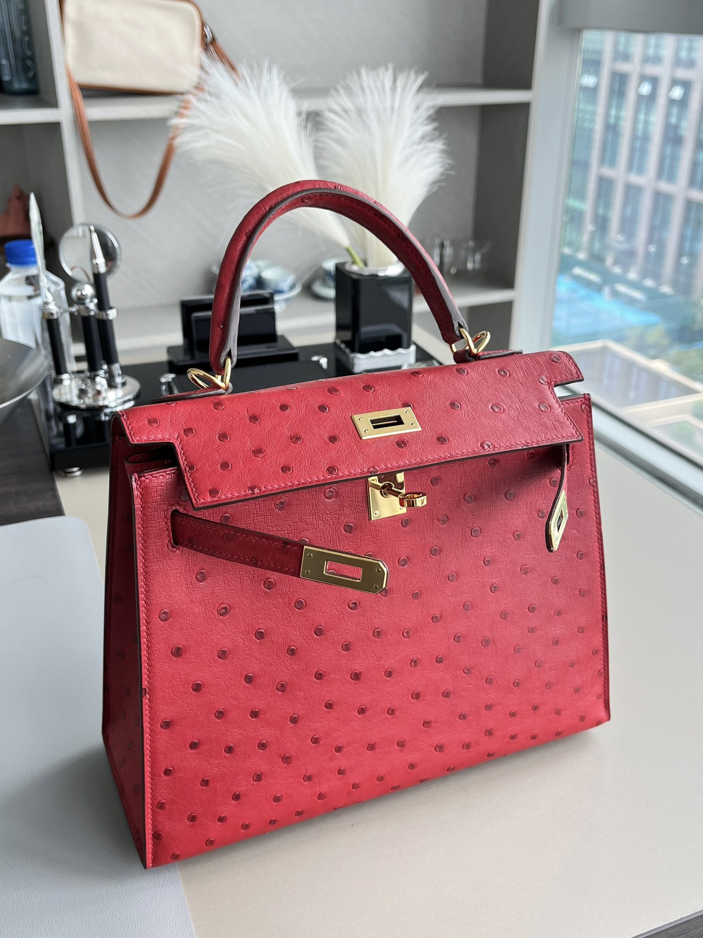 kelly25 Q5国旗红南非kk鸵鸟 金扣，一级手工缝制