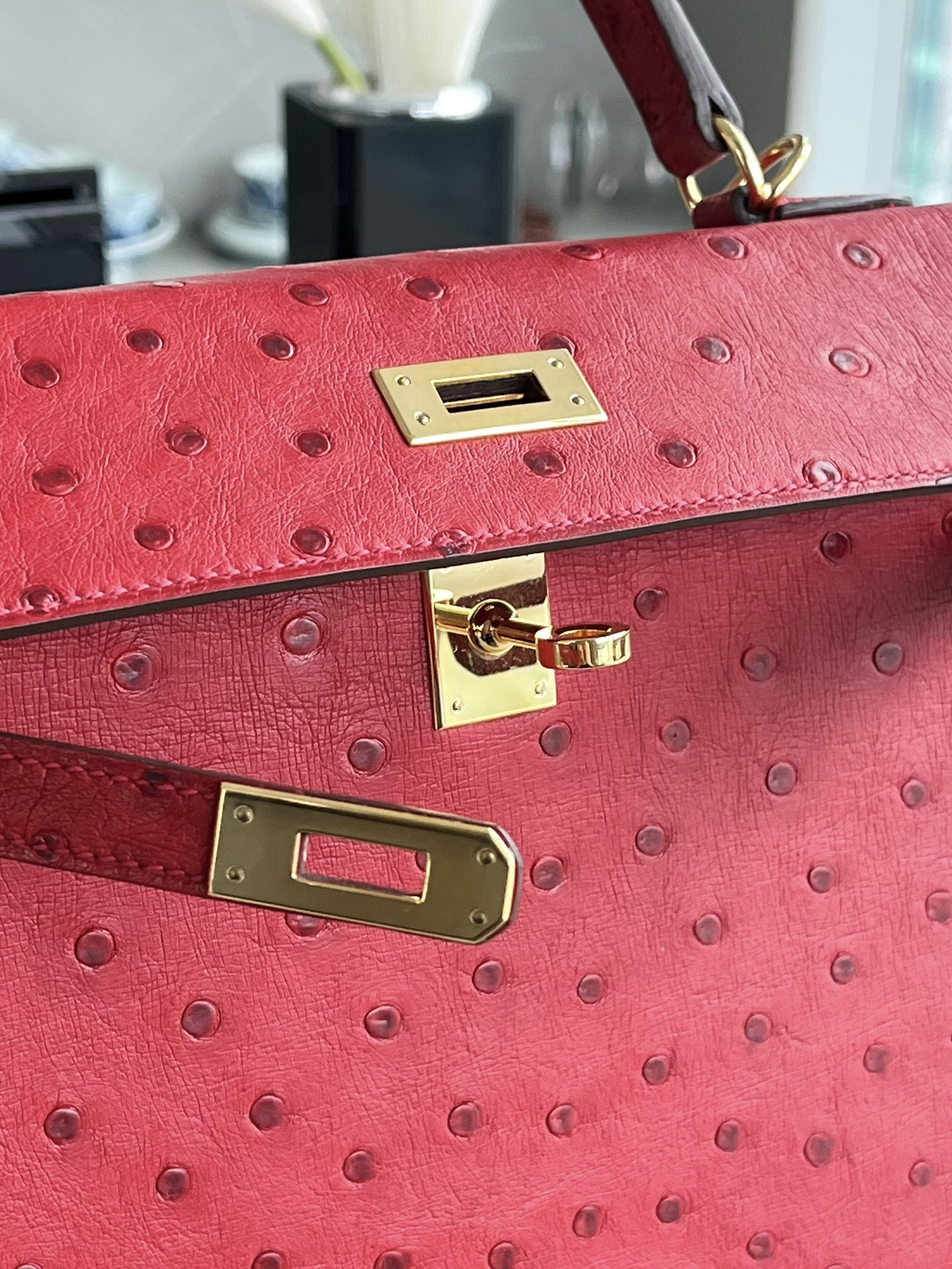 kelly25 Q5国旗红南非kk鸵鸟 金扣，一级手工缝制