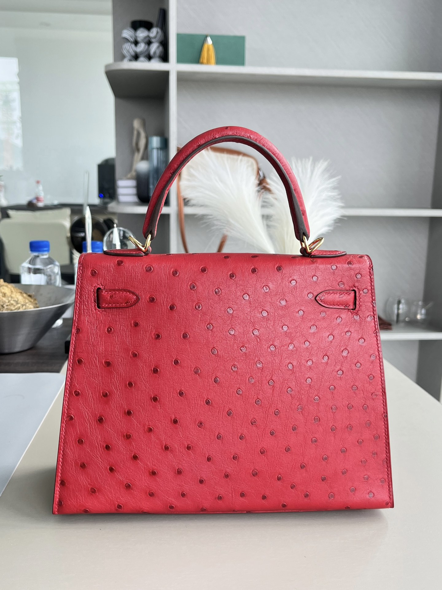 kelly25 Q5国旗红南非kk鸵鸟 金扣，一级手工缝制