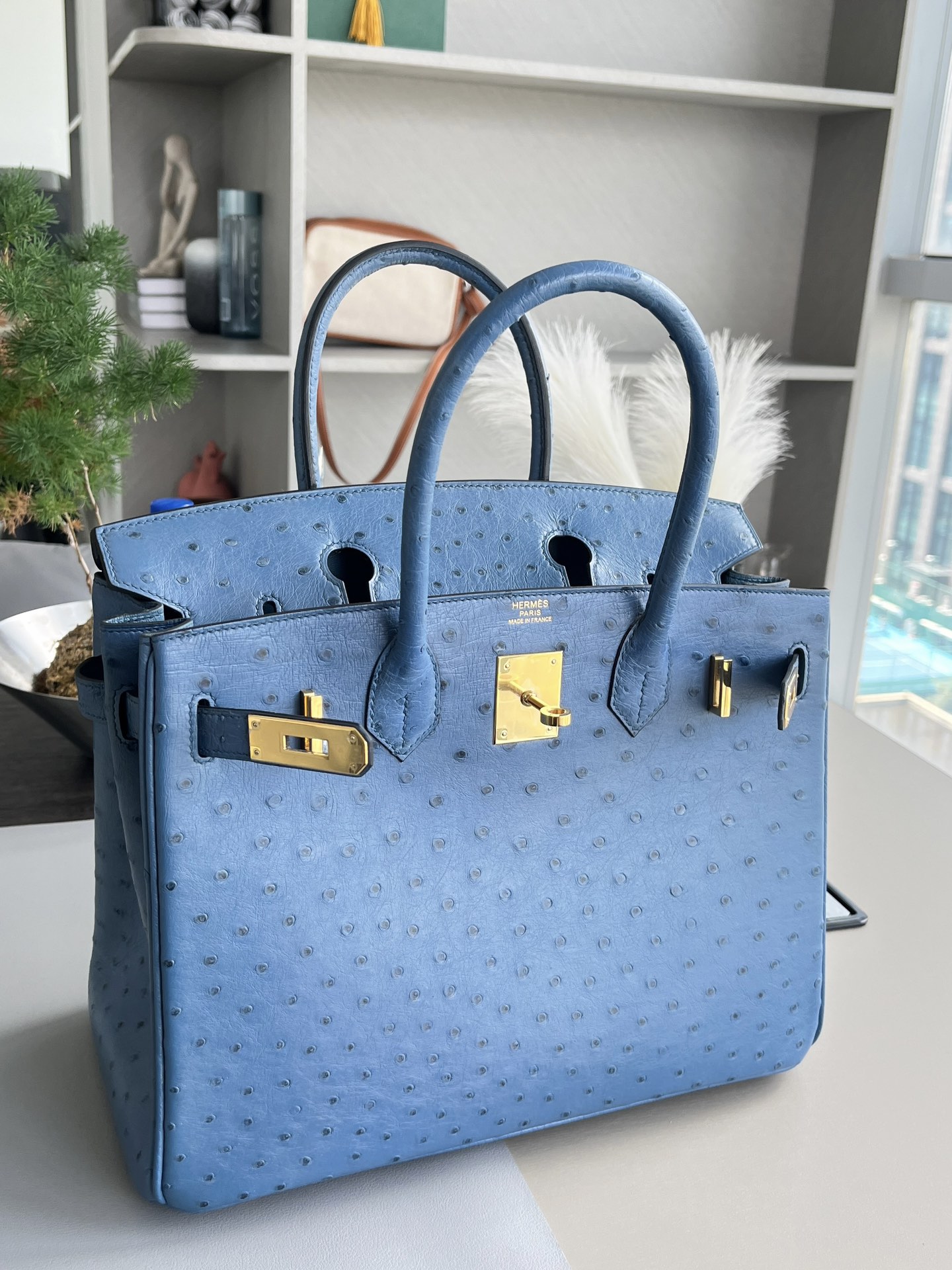 birkin30 玛瑙蓝南非kk鸵鸟 金扣，一级手工缝制