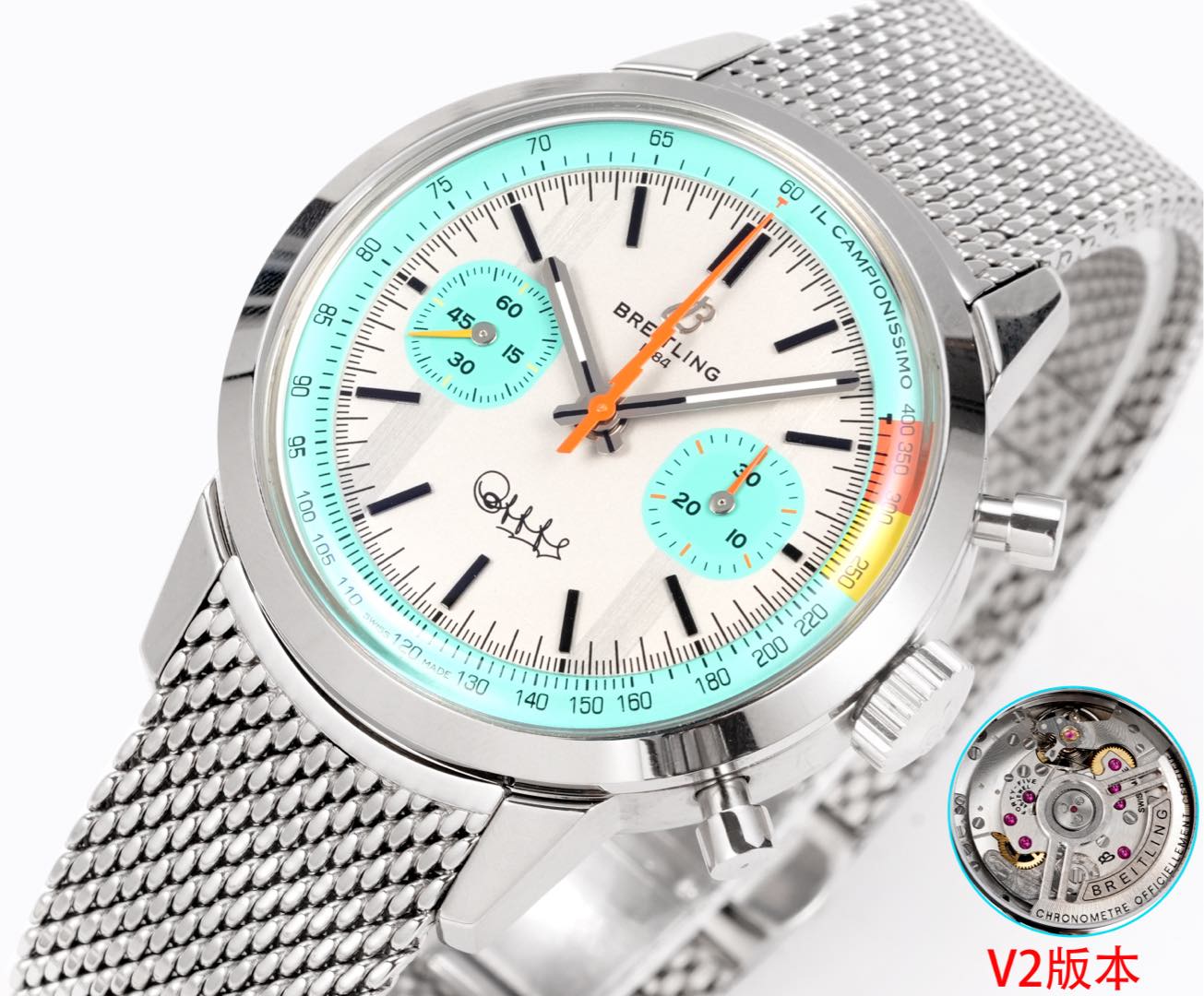 BLS新品 V2系列独家B01自动上铉机械机芯 百年灵 B01计时腕表（折叠扣）TOP TIME系列 彩色计时（Navitimer）百年灵以大胆色彩焕新演绎经典腕表。尺寸41mm，迭代款无疑是地道的独特计时腕表，带有后盖表面独特饰片，采用316精钢表圈，实现轻松握持，有效保护双面防眩蓝宝石表镜。表盘有黑色、蓝色及白色可选，均饰有大尺寸夜光指针和时标，机芯：独家B01自动上铉机械机芯做工完美，欢迎品鉴。