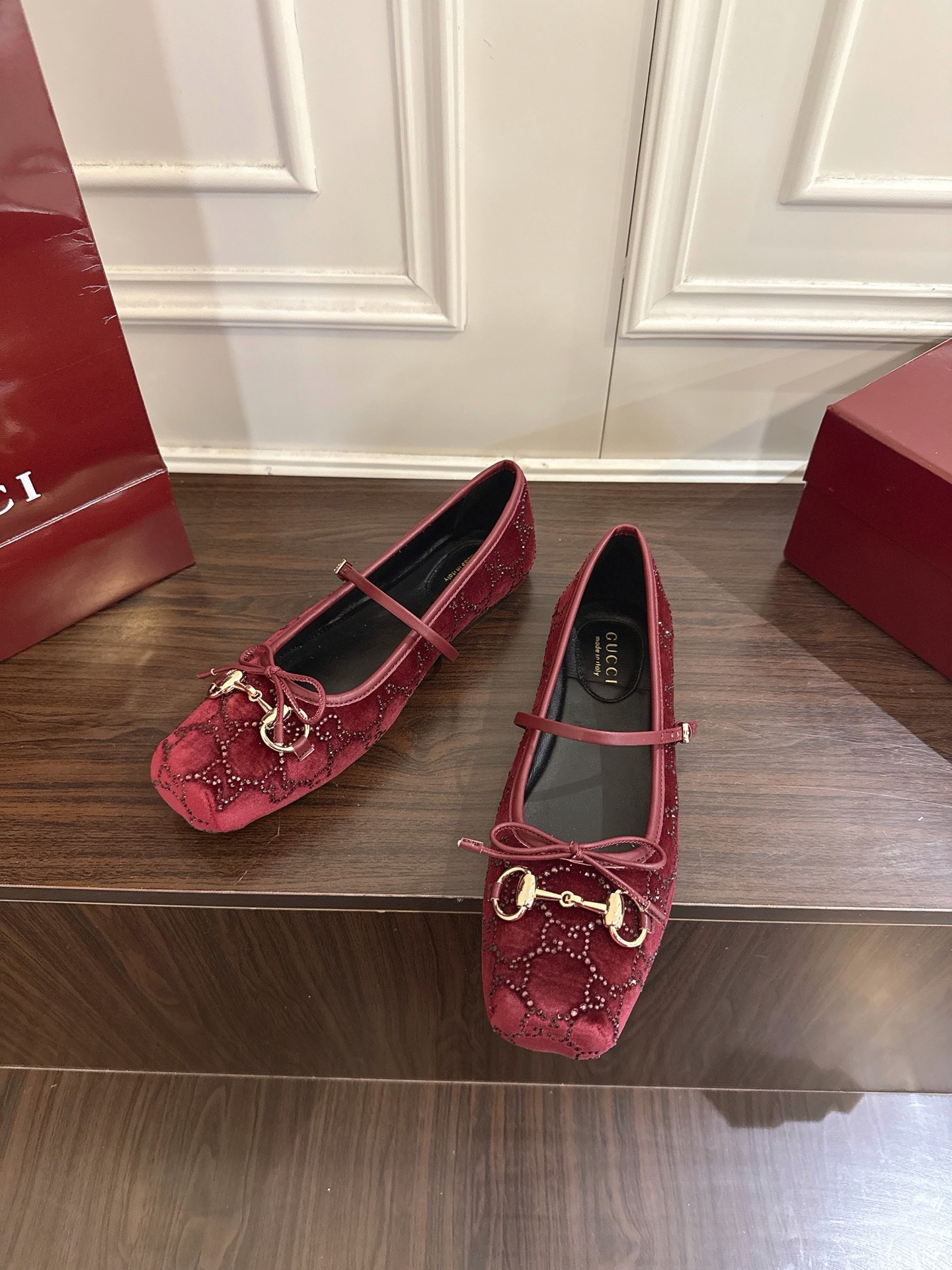 Gucci horsebit系列天鹅绒GG水钻芭蕾舞鞋