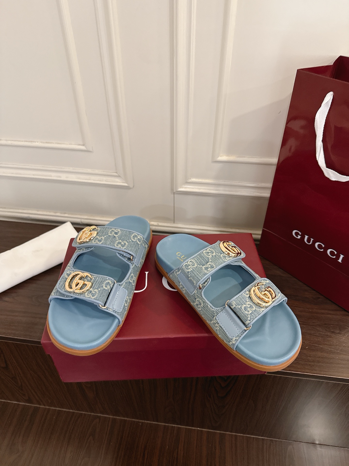 Gucci 新品刺绣GG魔术贴拖鞋穆勒鞋