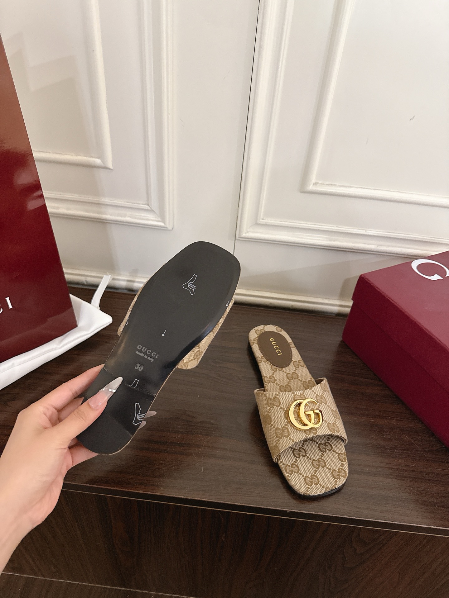 Gucci Interlocking G GG Canvas Slide Sandals