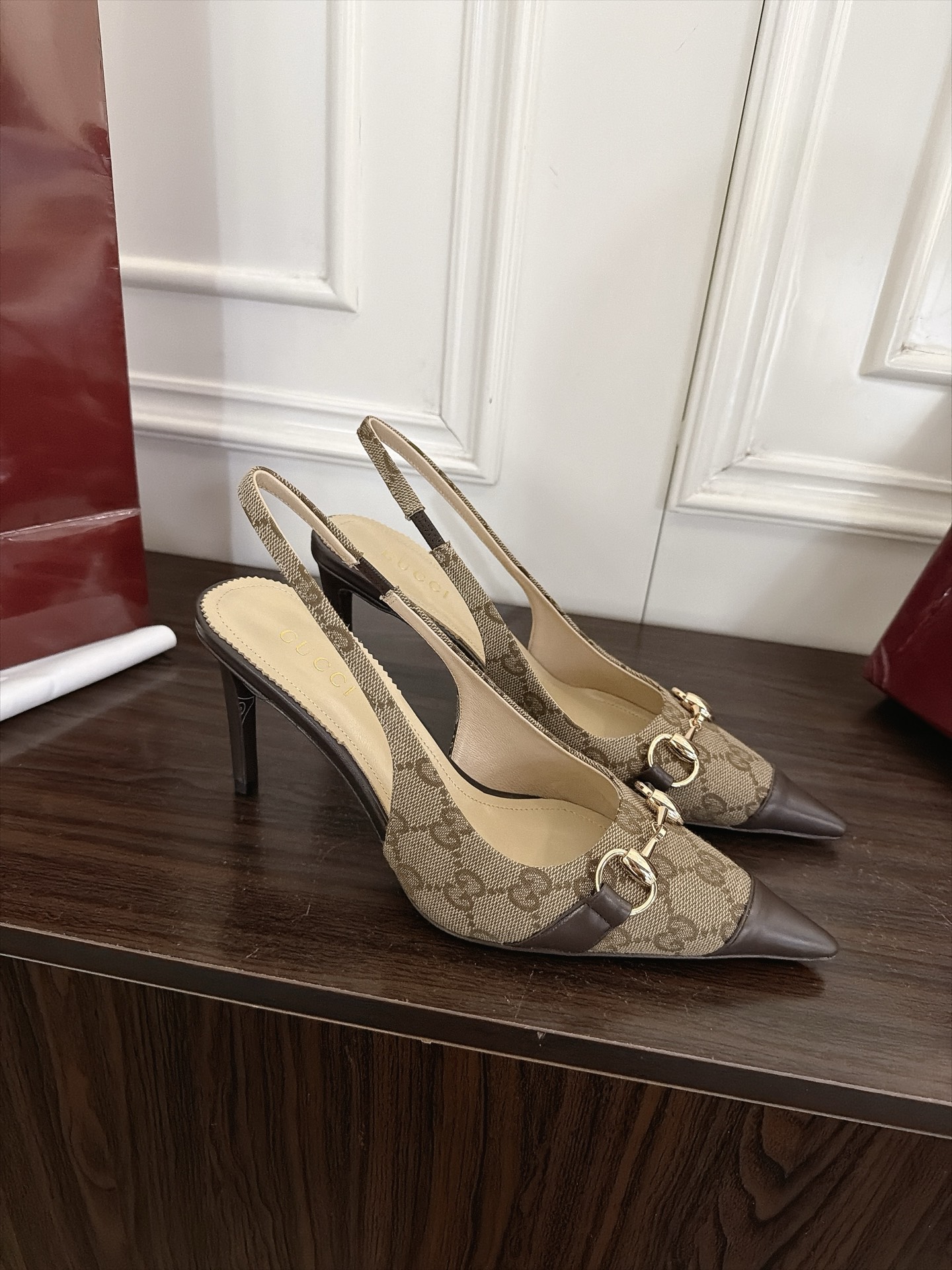 Gucci Beige GG Horsebit Pointed Slingback Pumps