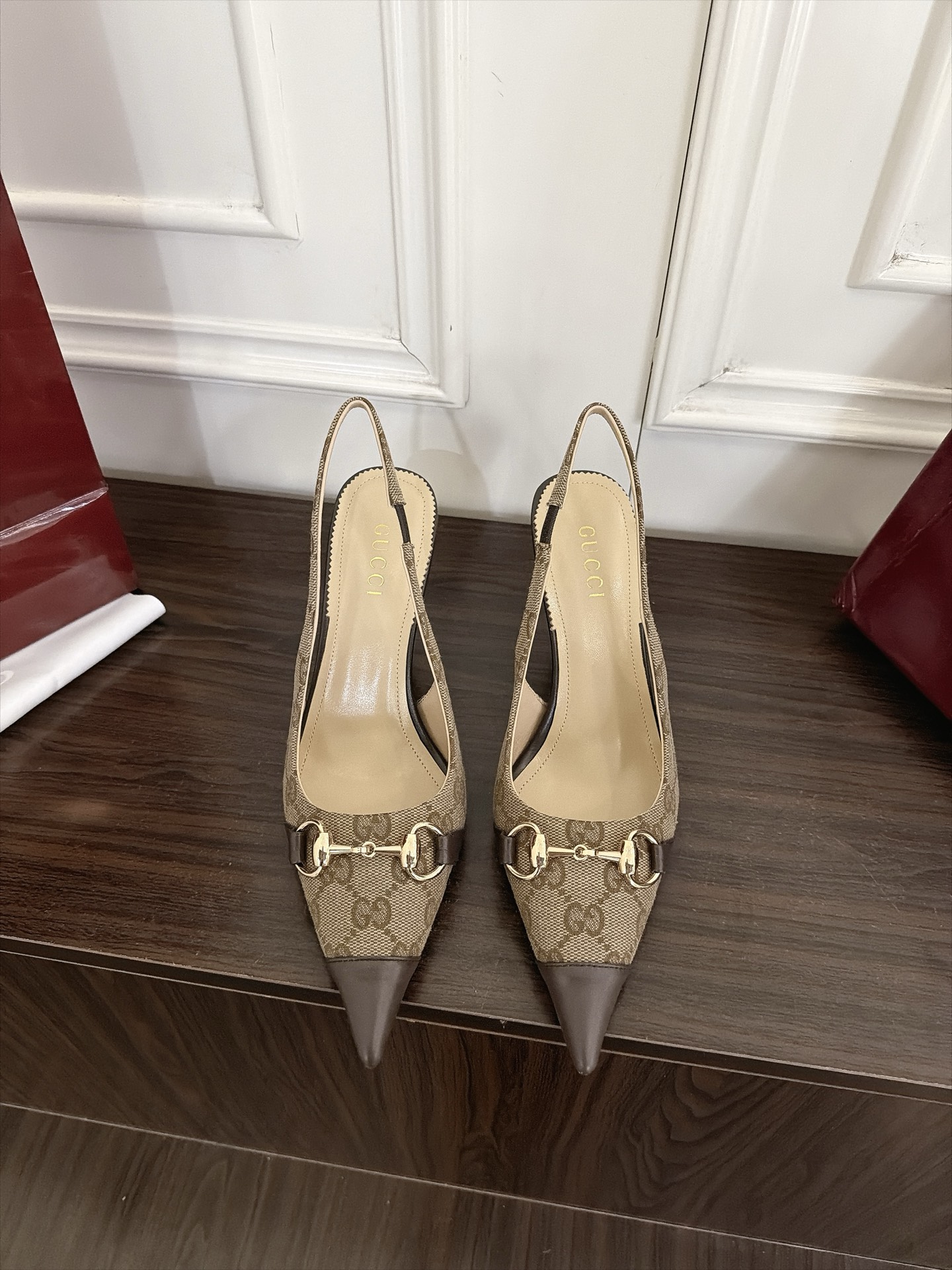 Gucci Beige GG Horsebit Pointed Slingback Pumps