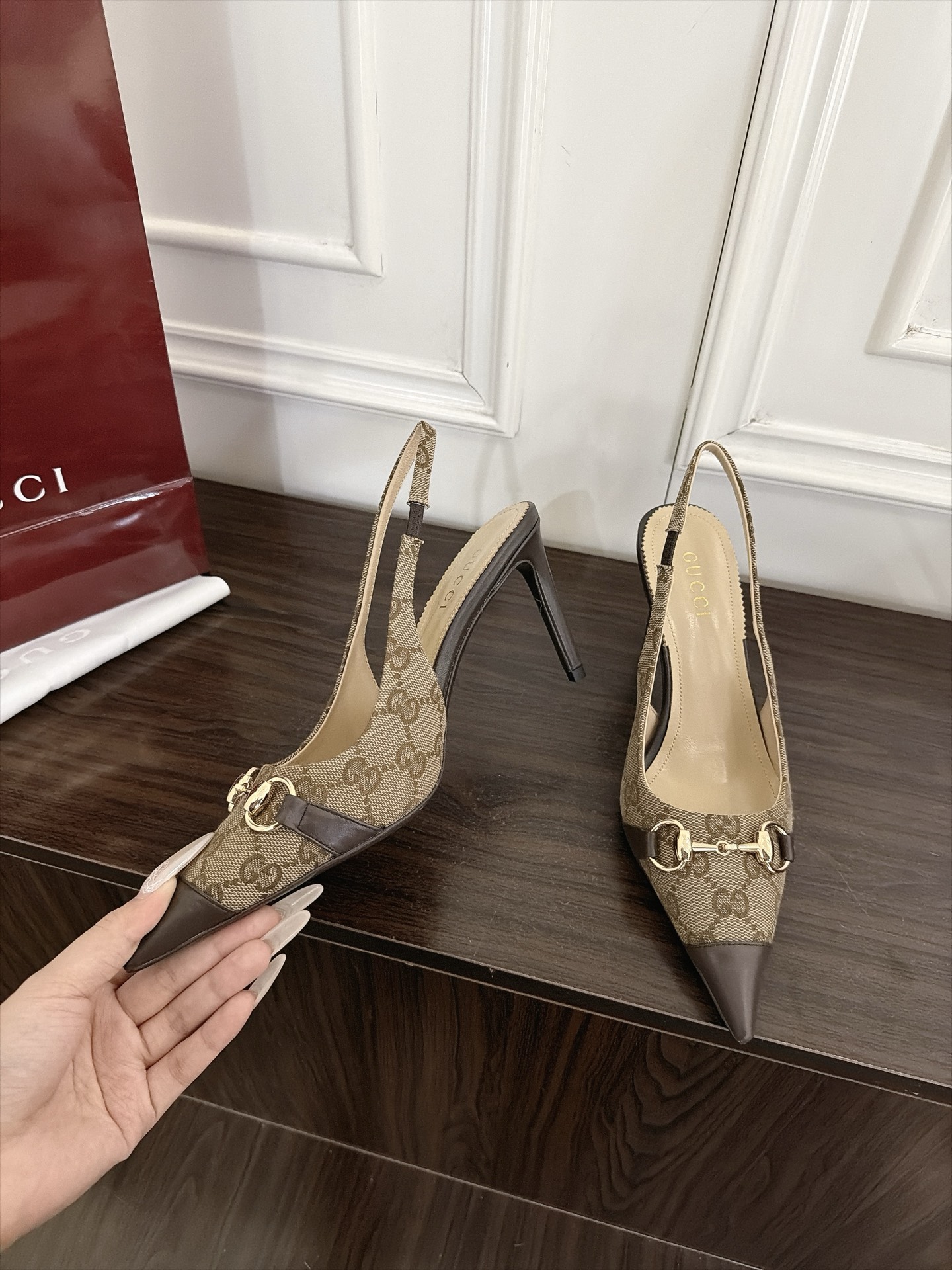 Gucci Beige GG Horsebit Pointed Slingback Pumps