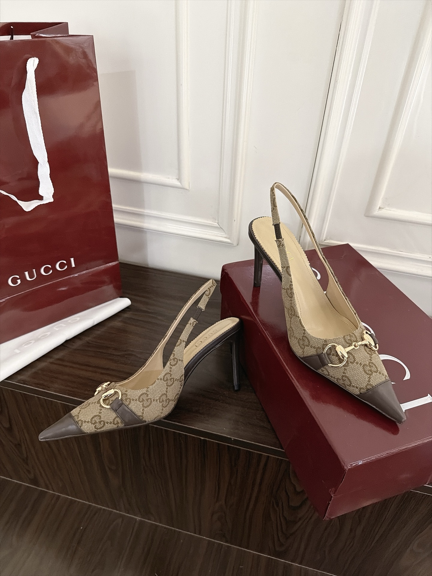 Gucci Beige GG Horsebit Pointed Slingback Pumps