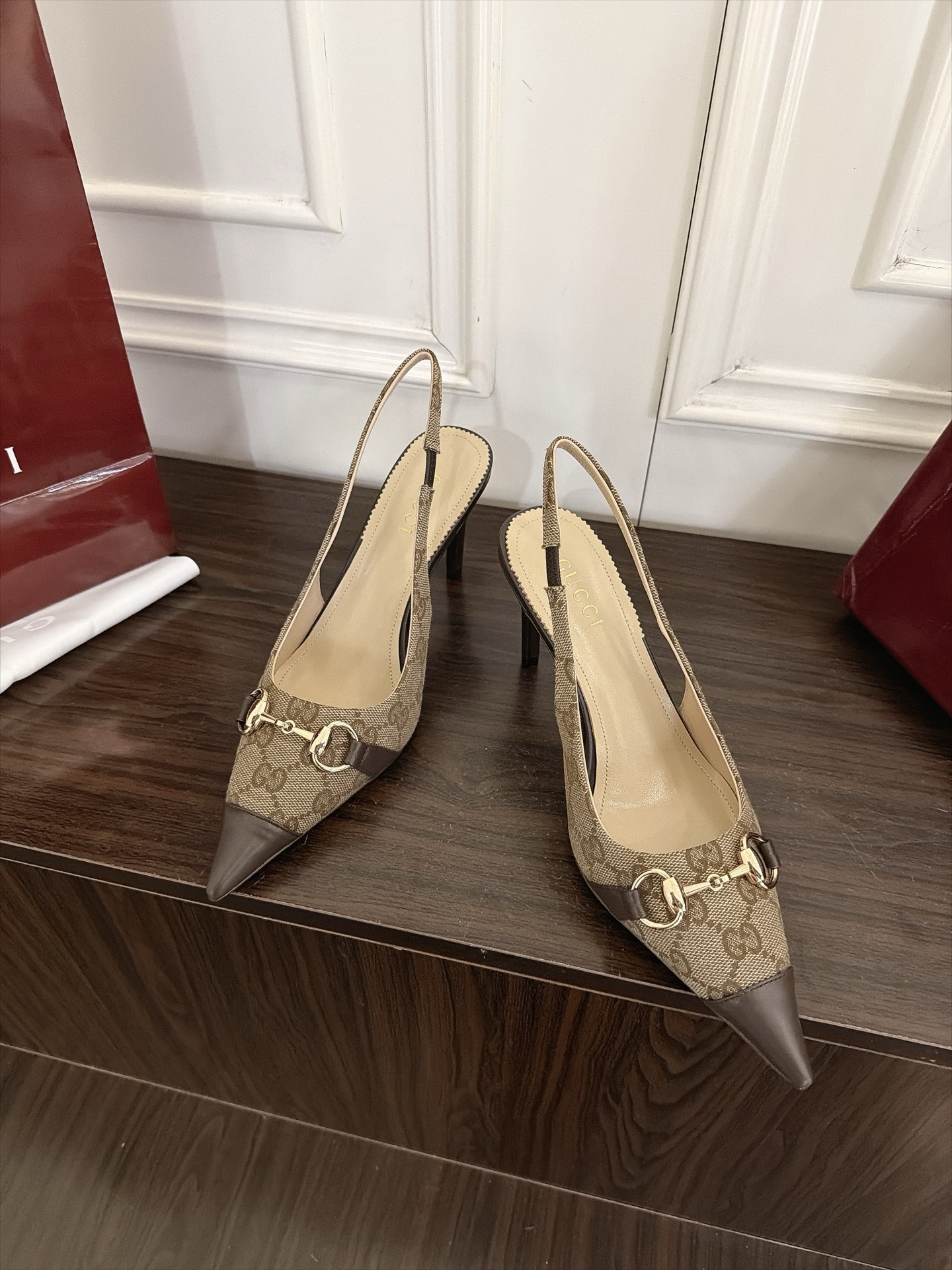 Gucci Beige GG Horsebit Pointed Slingback Pumps