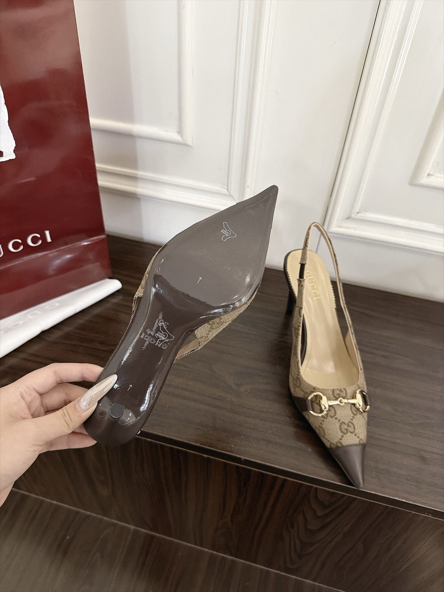 Gucci Beige GG Horsebit Pointed Slingback Pumps