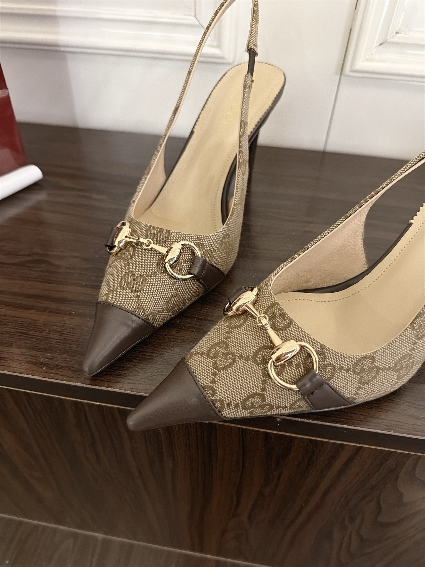 Gucci Beige GG Horsebit Pointed Slingback Pumps