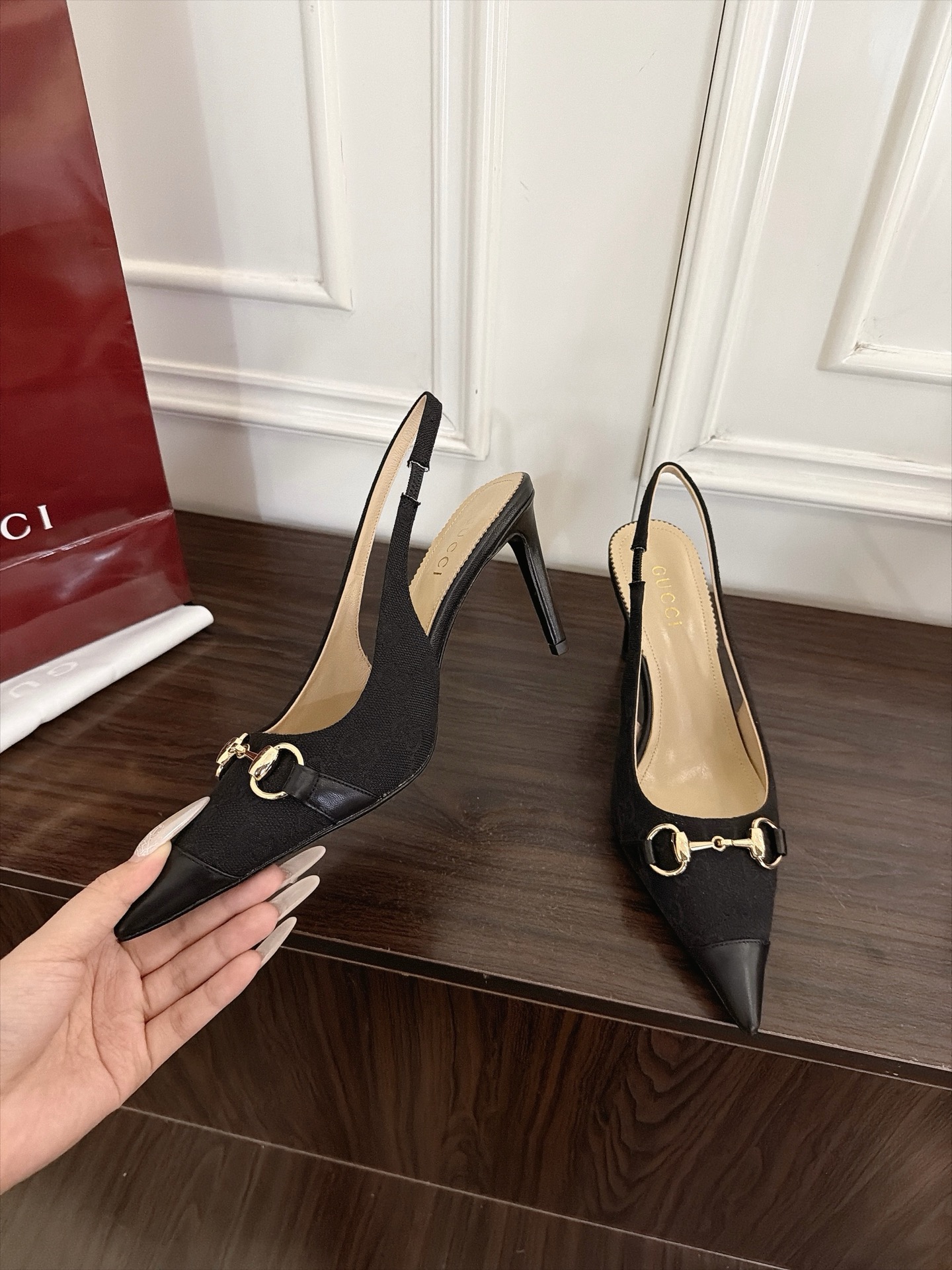 Gucci Black GG Horsebit Pointed Slingback Pumps
