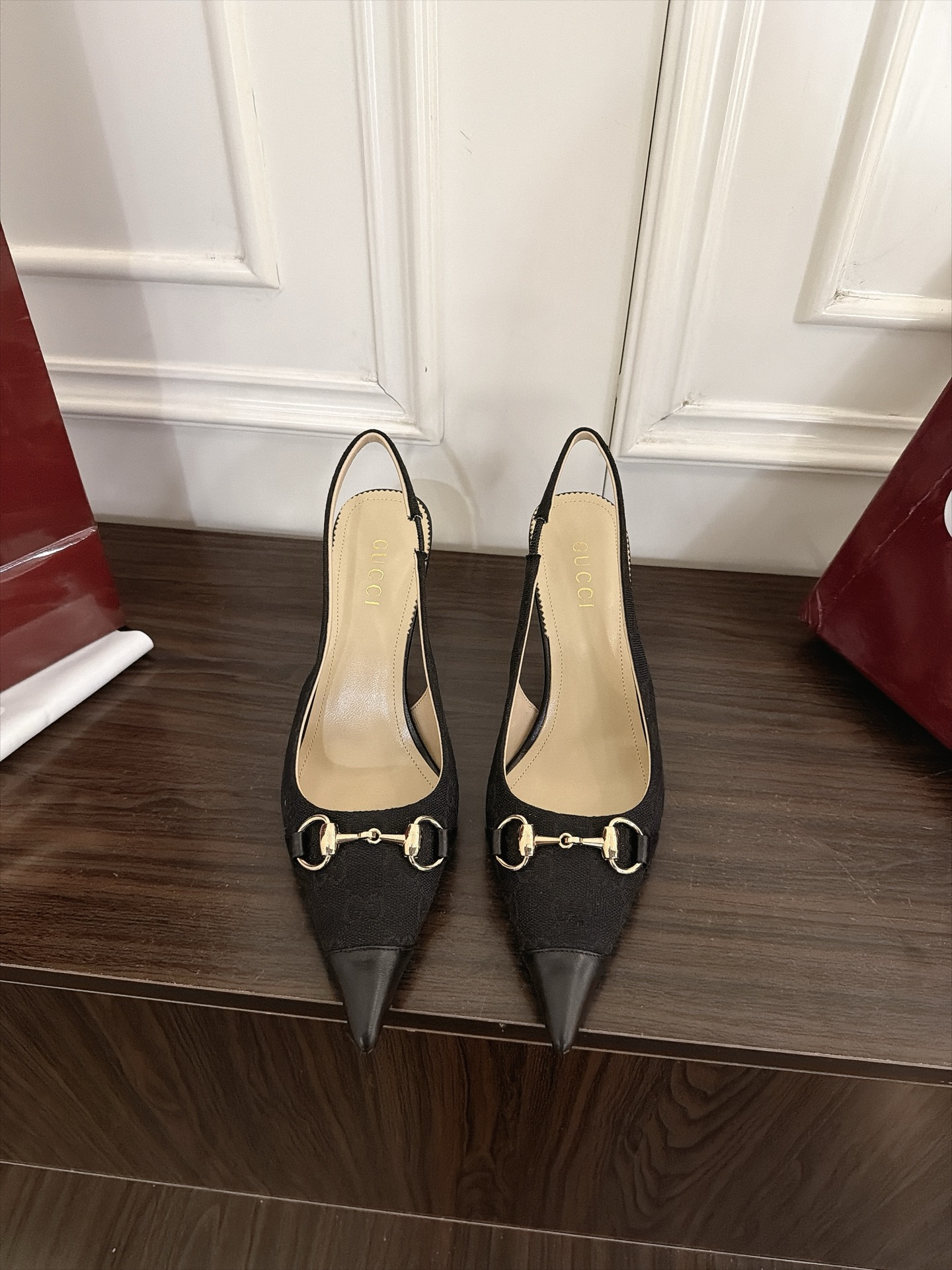 Gucci Black GG Horsebit Pointed Slingback Pumps