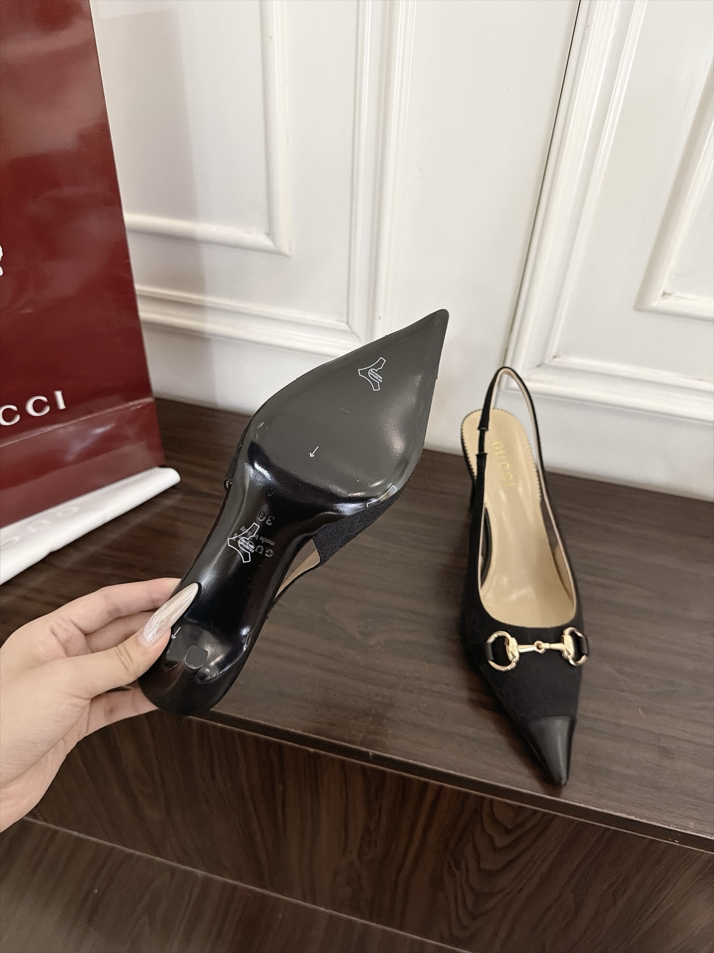 Gucci Black GG Horsebit Pointed Slingback Pumps