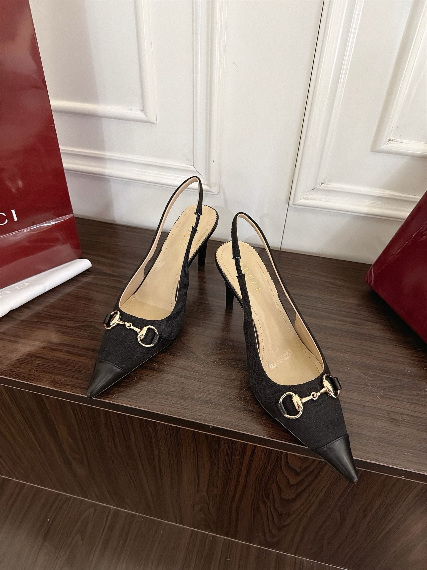 Gucci Black GG Horsebit Pointed Slingback Pumps