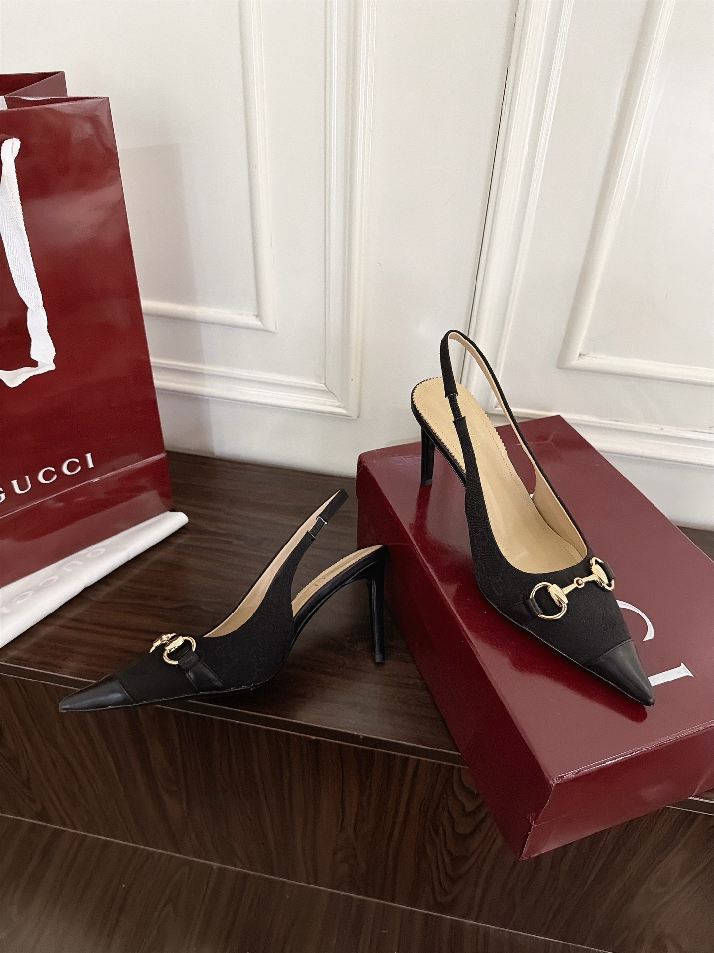 Gucci Black GG Horsebit Pointed Slingback Pumps