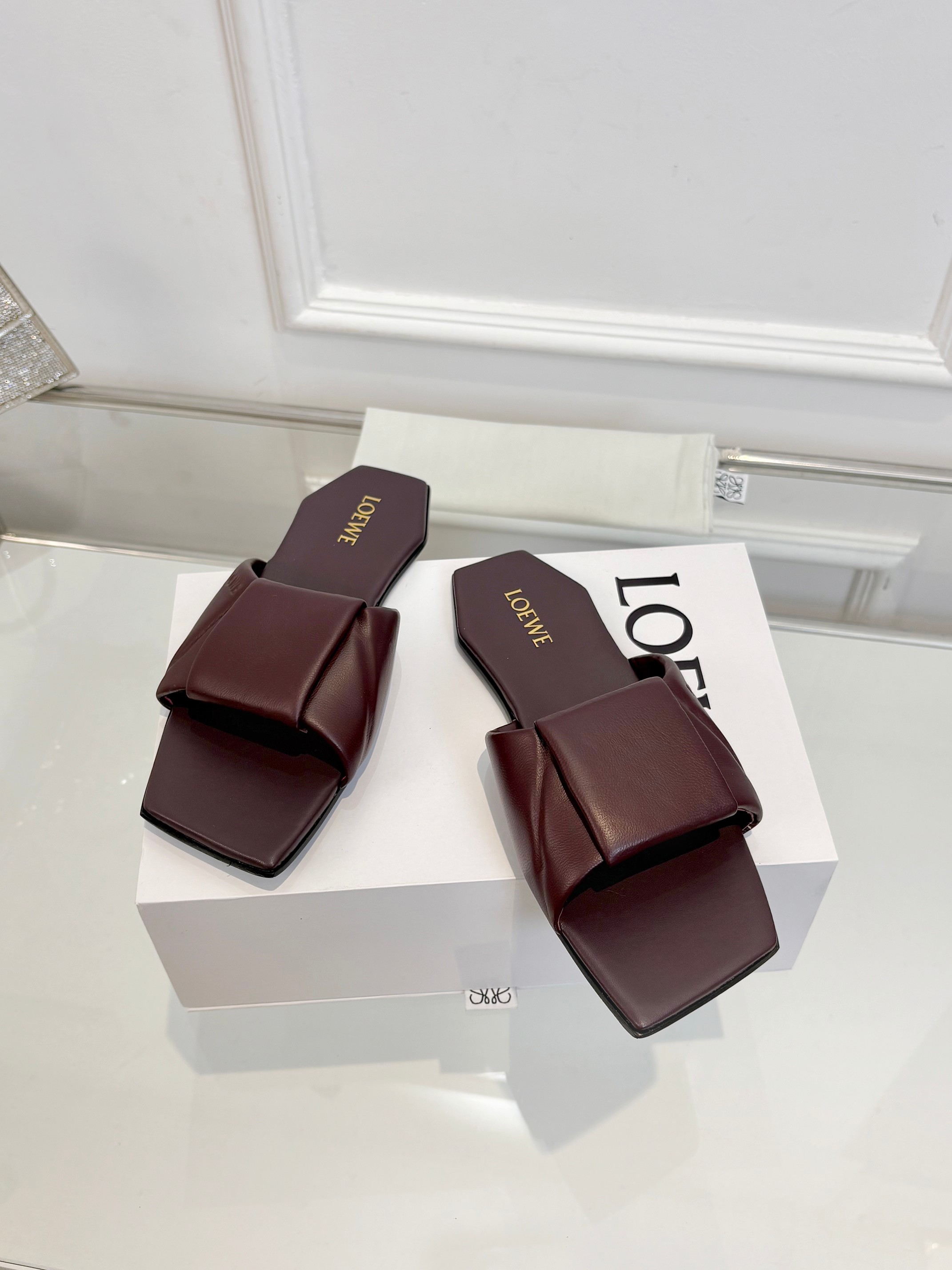Loewe Burgundy Folded Strap Slide Sandals
