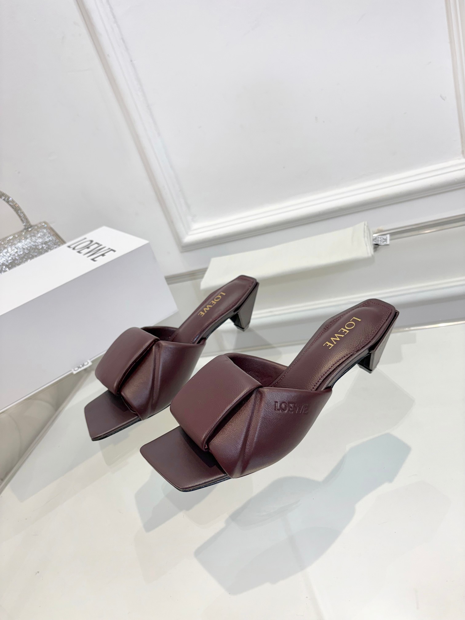 Loewe Burgundy Folded Strap Heeled Slides