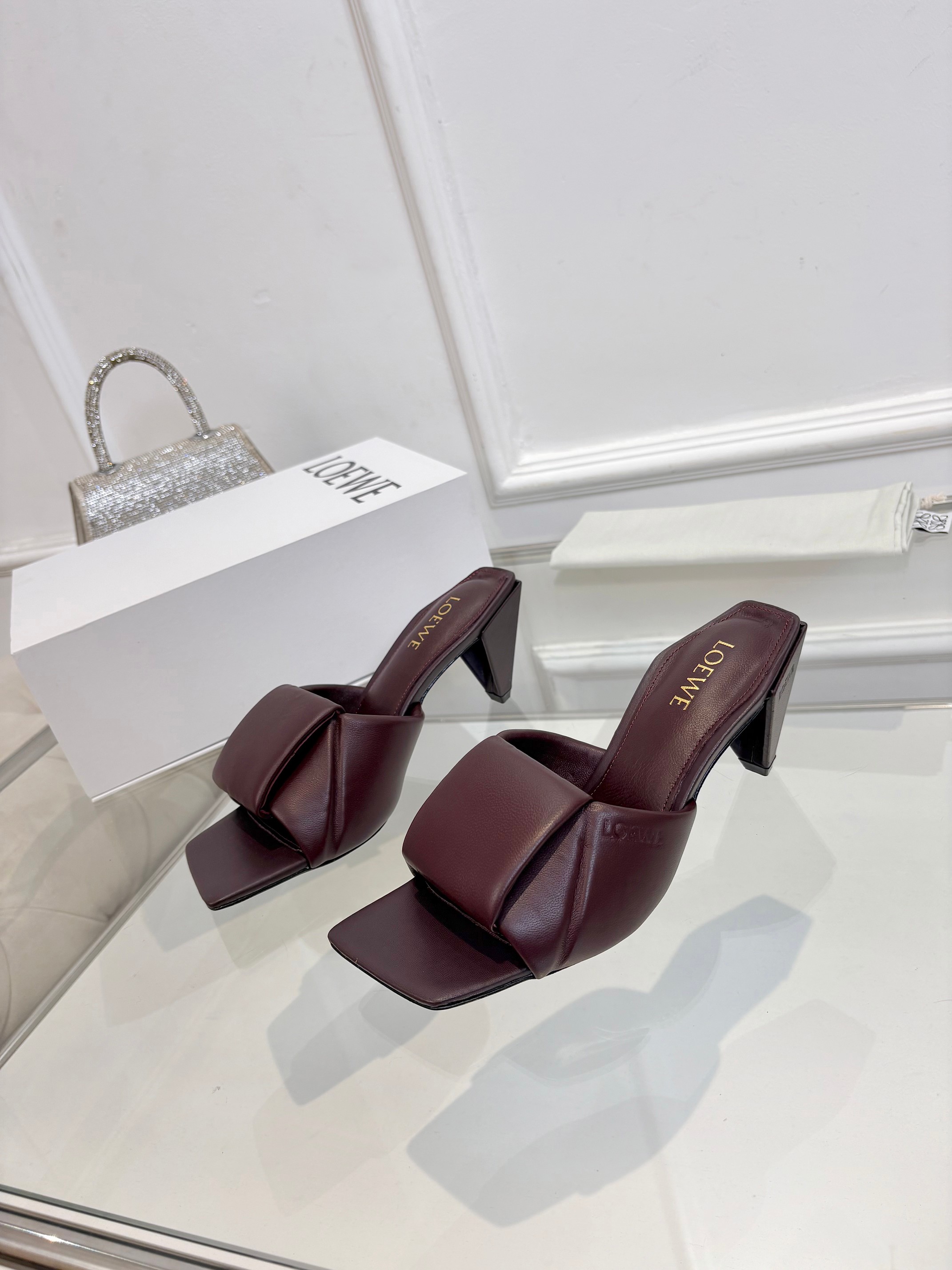 Loewe Burgundy Folded Strap Heeled Slides