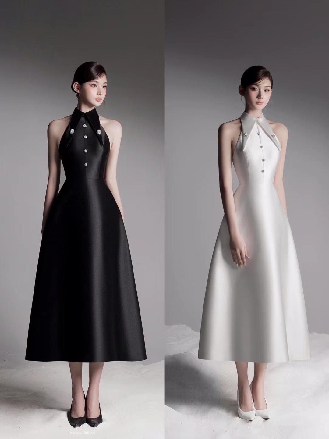 越南小众RAFFINE 2023年新款尖尖领水钻扣简洁风高腰连衣裙SMLXL黑白两色