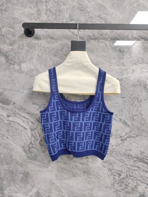Fendi Women's Blue Knit Tank Top with Signature FF Logo Pattern 1 Fendi Women's Blue Knit Tank Top with Signature FF Logo Pattern