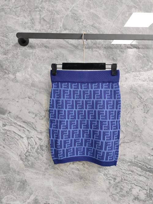 Fendi Blue Mini Skirt with Signature FF Logo Pattern High Waist Knit Skirt 1 Fendi Blue Mini Skirt with Signature FF Logo Pattern High Waist Knit Skirt