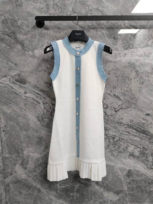 Sandro Sleeveless Mini Dress White with Blue Trim Pleated Hemline 1 Sandro Sleeveless Mini Dress White with Blue Trim Pleated Hemline