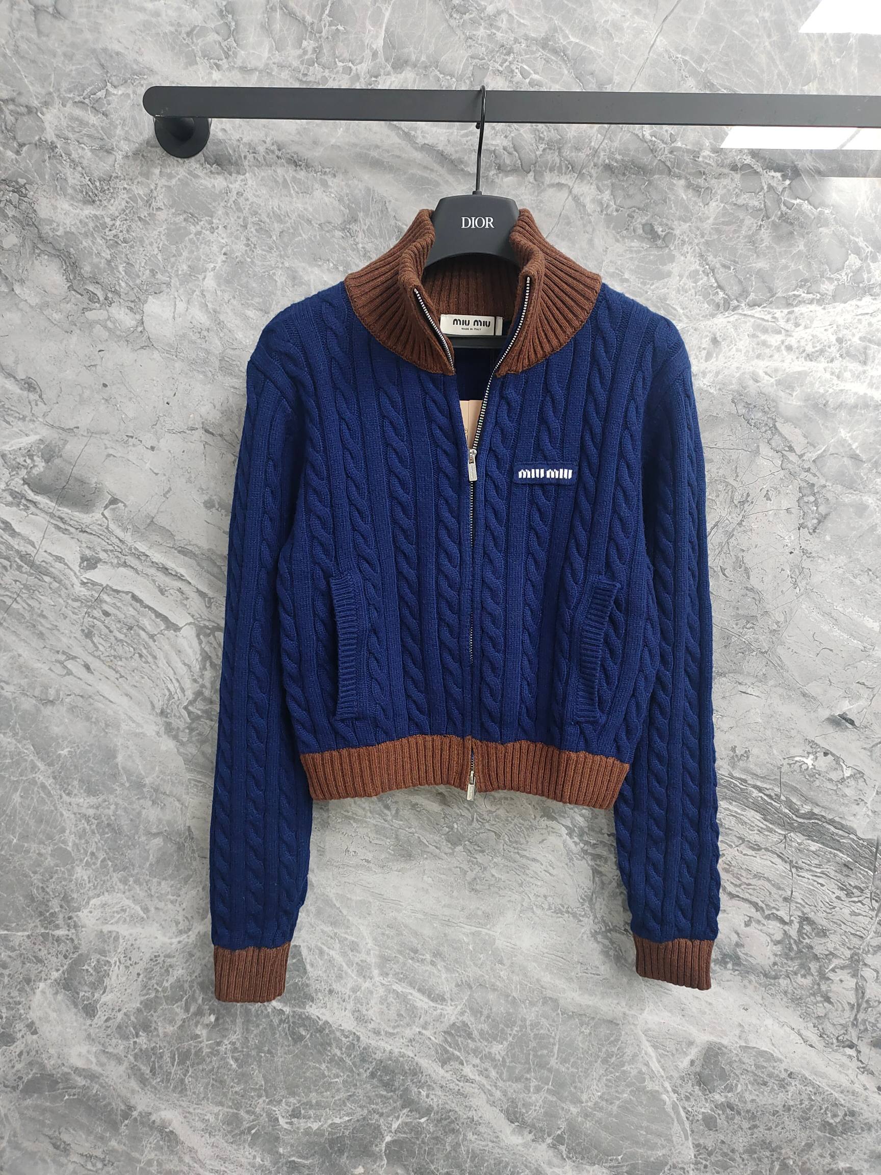 Miu Miu Two-Tone Cable Knit Zip-Up Jacket, Navy & Brown, Women's Fall