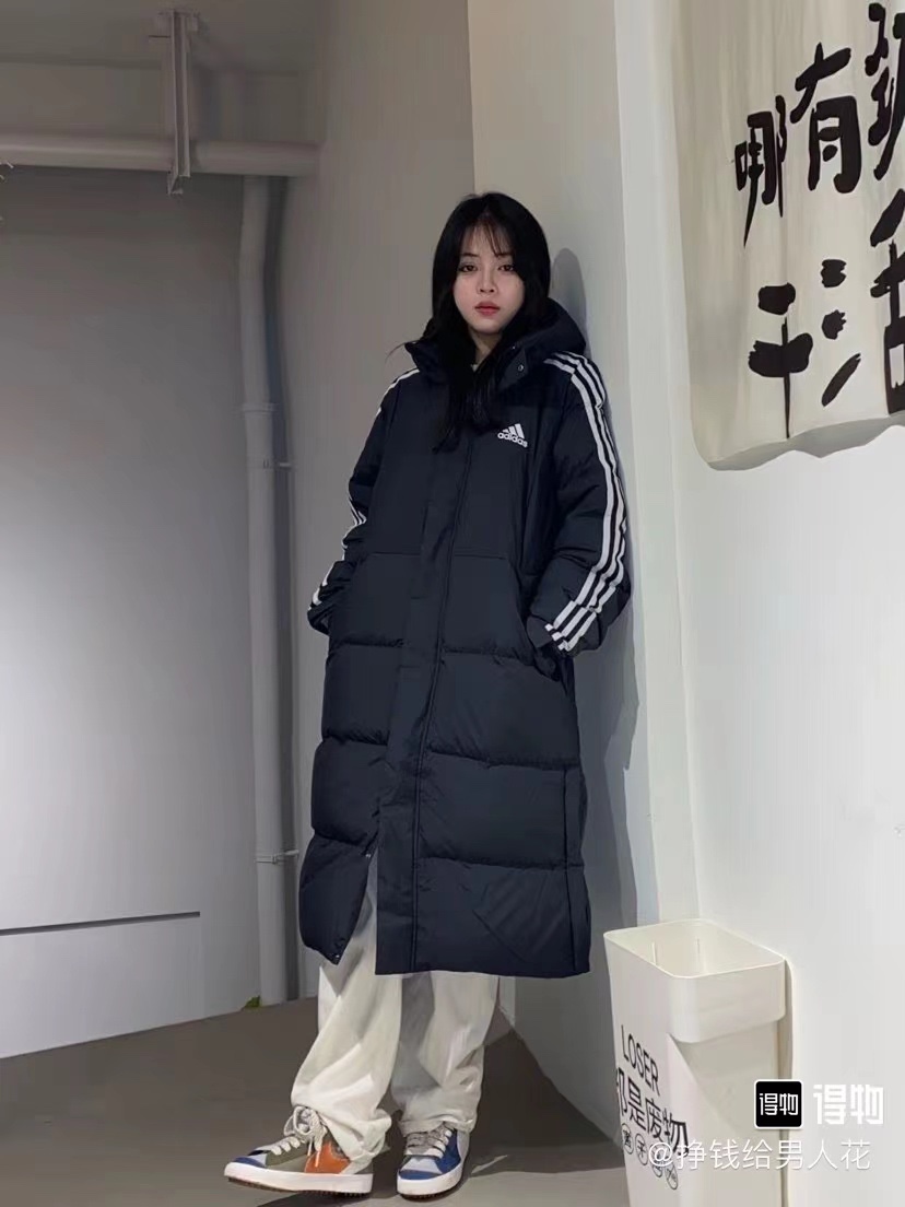 #Adidas / 阿迪达斯3ST Long Coat 纯色印花连帽长款羽绒服上身效果