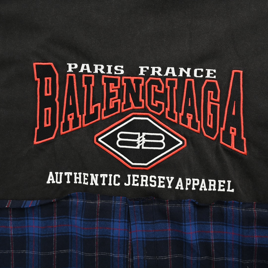 Balenciaga/巴黎世家 蝙蝠侠刺绣拼接格子假两件长袖T恤