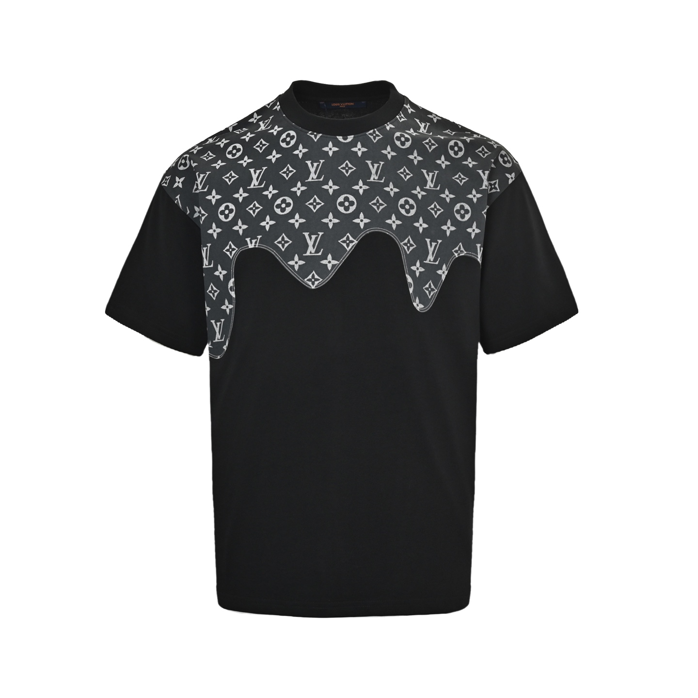 Louis Vuitton/路易威登 25ss 老花拼接印花短袖 夏季新款 老花牛仔贴布圆领短袖T恤 黑色 白色