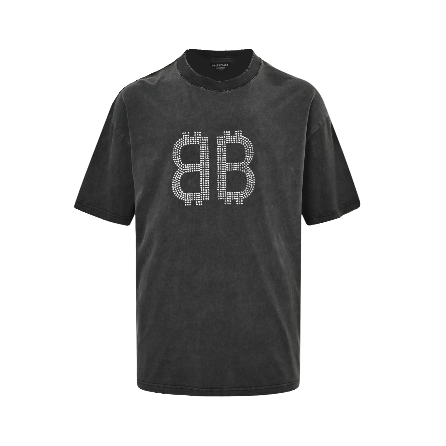 Balenciaga/巴黎世家 25ss 双B比特币烫钻炒盐破洞短袖 水洗黑