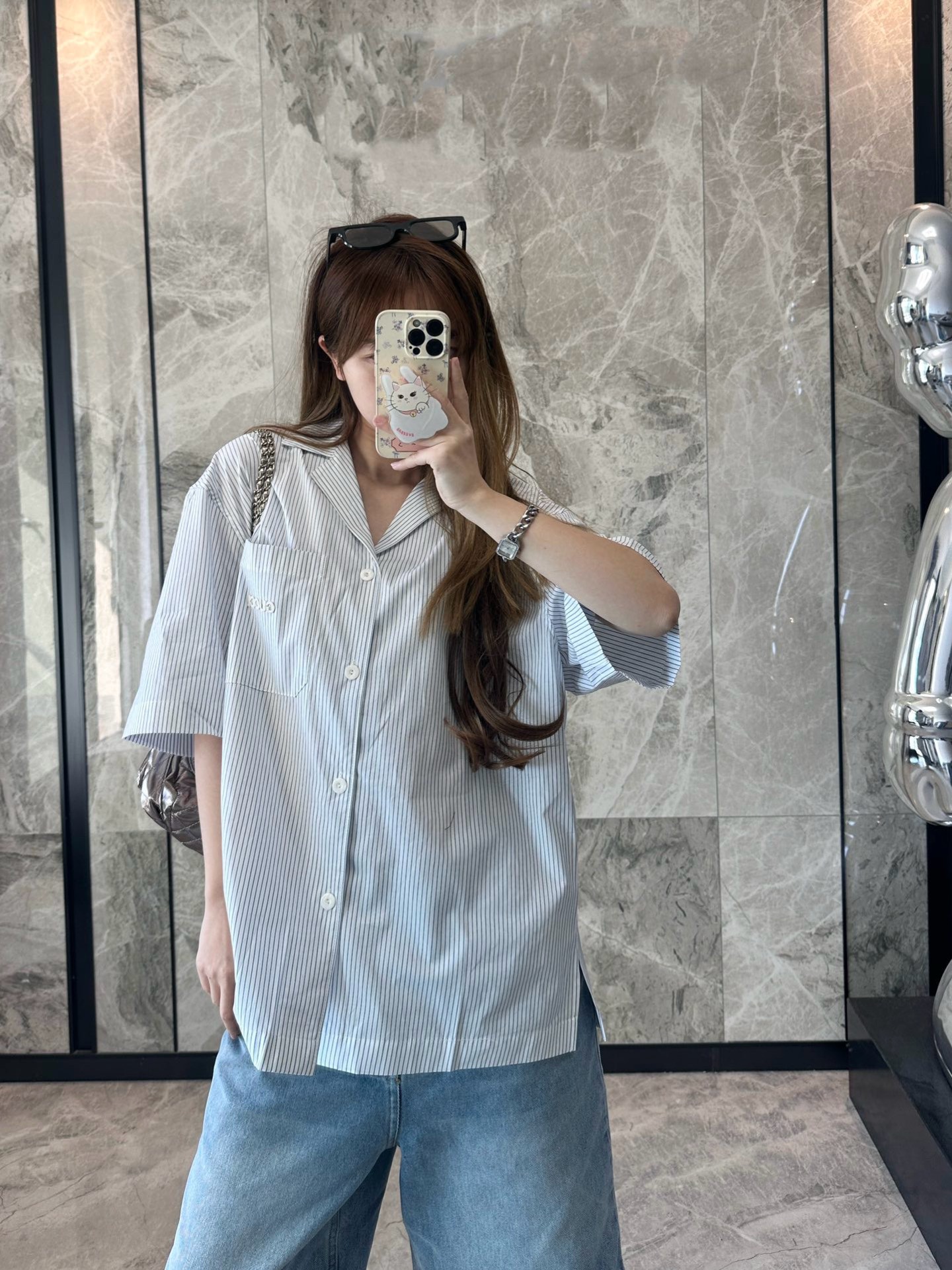 Gucci/古驰 25ss 激光小标竖条纹短袖衬衫上身效果#