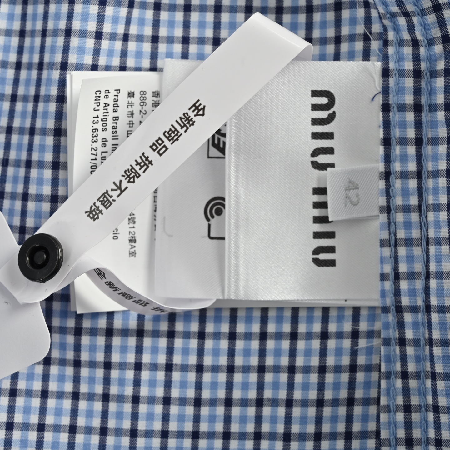 Miu Miu/缪缪 细蓝格纹长袖衬衫-Chinese UA Cheap High Quatity Brand Clothes Bags handbags Sneakers wholesale wholesaler seller from China Factory suppliers Fashion Clothing Shoes best Quality Beautiful Price Miu Miu/缪缪 细蓝格纹长袖衬衫