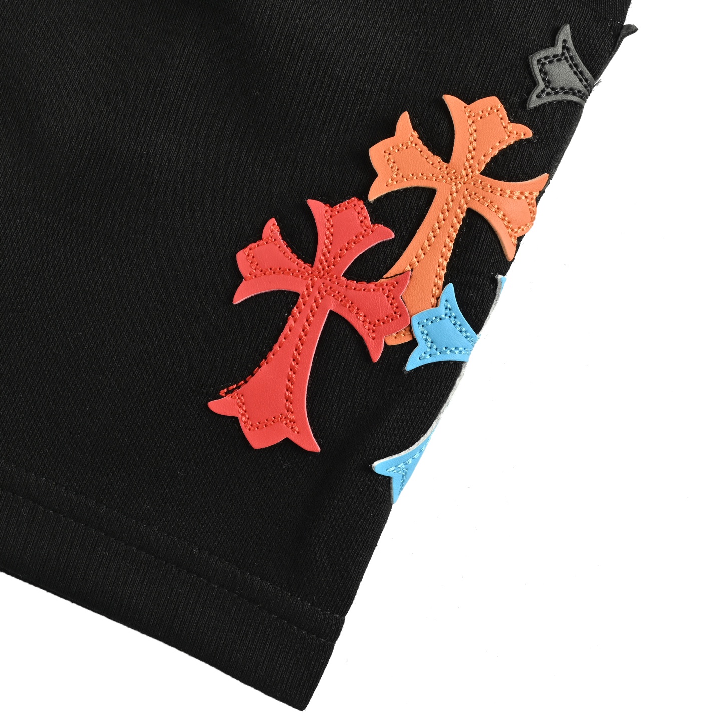 Chrome Hearts/克罗心 25ss 刺绣七彩皮标十字架短裤 手摇贴定制皮标梵文刺绣 黑色