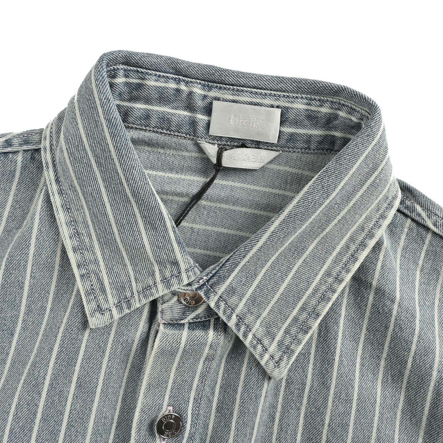 Dior/迪奥 25ss 刺绣字母条纹水洗牛仔短袖衬衫