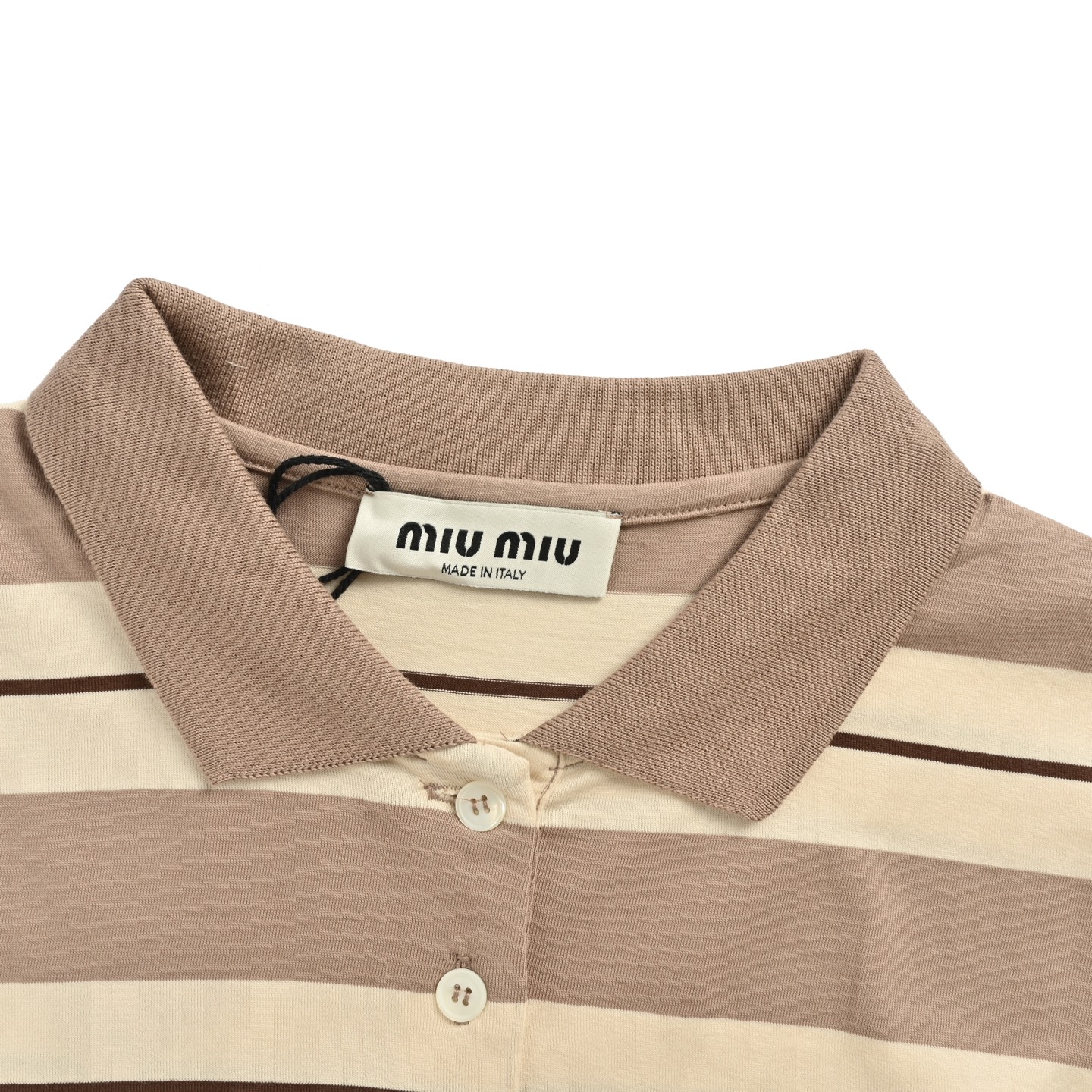Miu Miu/缪缪 黄条纹棉质平纹针织Polo长袖