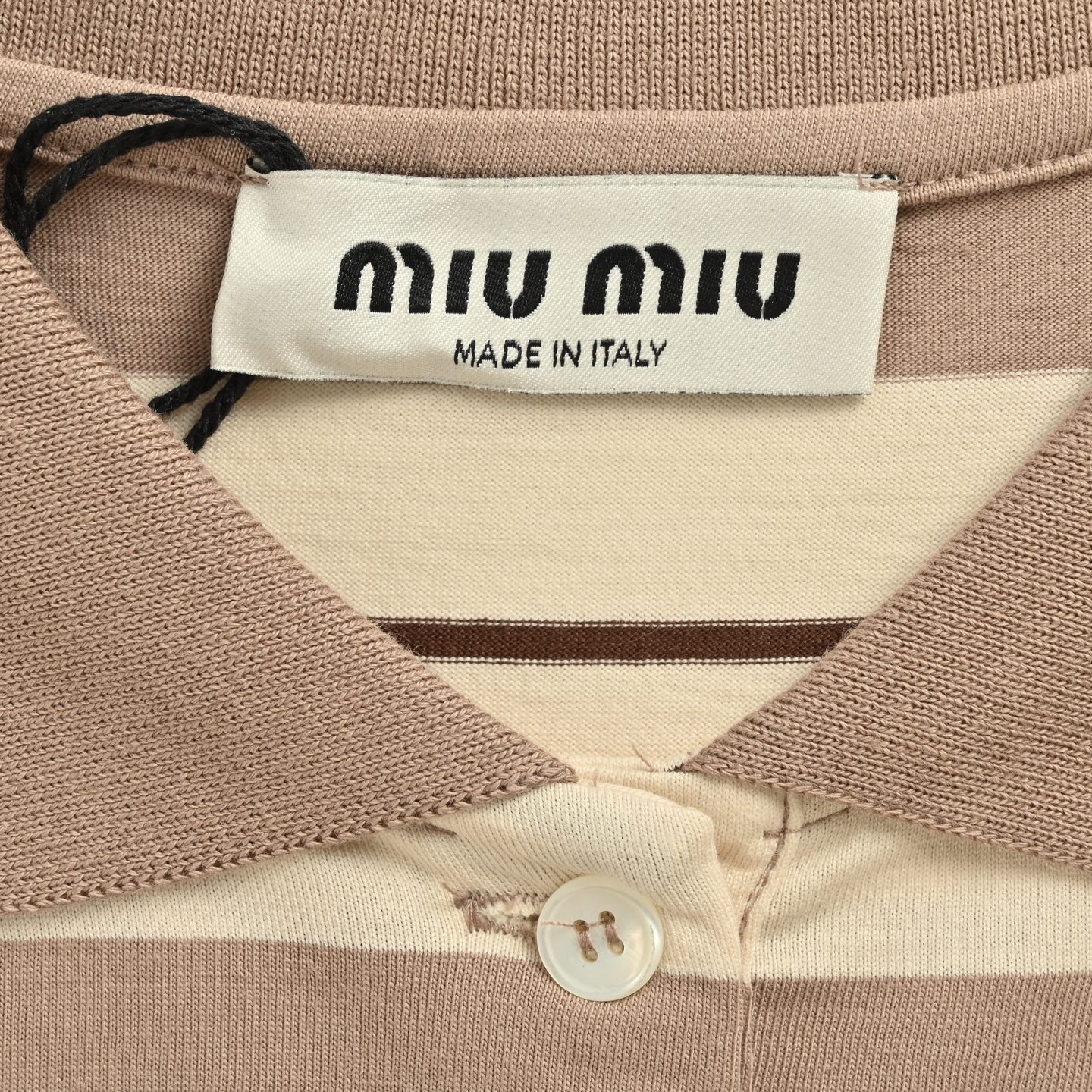 Miu Miu/缪缪 黄条纹棉质平纹针织Polo长袖